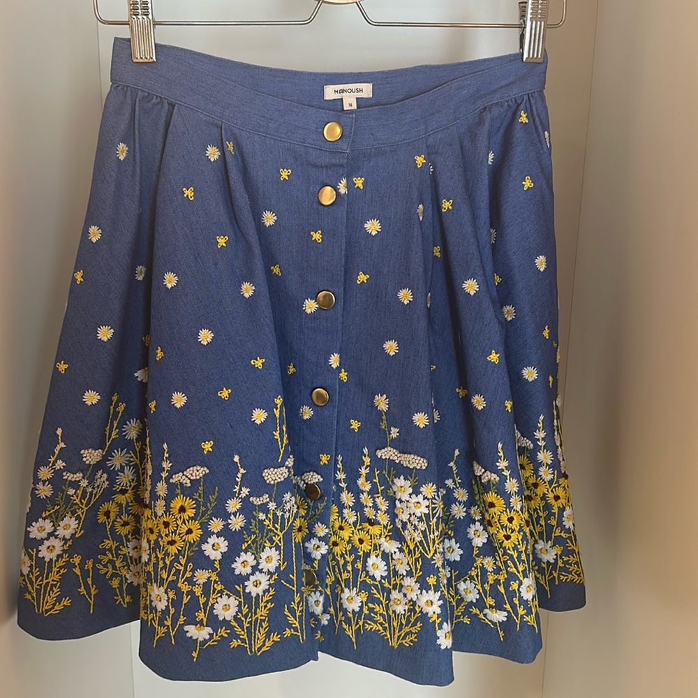 Manoush, French brand, denim embroidered, front button skirt with pockets. - Picture 1 of 4